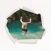 Man jumping into a pond  center ripped paper shape sticker, travel image psd