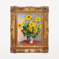 Monet's sunflowers vintage artwork in decorative Rococo frame, remixed by rawpixel
