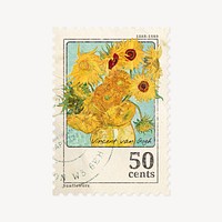 Sunflower, Van Gogh post stamp collage element psd, remixed by rawpixel 