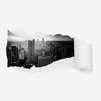 Grayscale cityscape ripped paper reveal, buildings photo