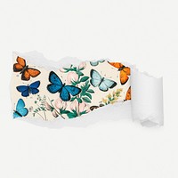 Colorful butterflies torn paper reveal sticker, vintage insect illustration psd