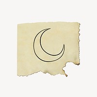 Crescent moon doodle clipart, ripped paper design psd