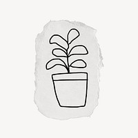 Potted plant doodle clipart, ripped paper design psd