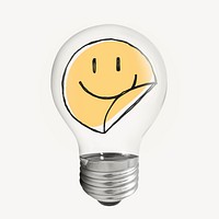 Smiling face emoticon light bulb sticker, doodle graphic psd