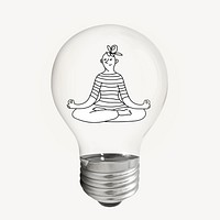 Woman meditating doodle in light bulb wellness creative illustration