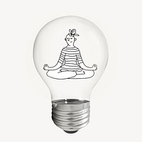 Woman meditating doodle sticker, light bulb wellness creative illustration psd