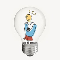 Woman holding light bulb sticker, creative doodle psd