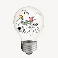 Teamwork, creative designing hands sticker, light bulb business doodle psd