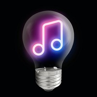 Music note icon light bulb sticker, neon symbol graphic psd