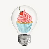 Cupcake in light bulb sticker, food aesthetic illustration psd