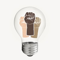Raised diverse fists sticker, light bulb BLM support campaign psd