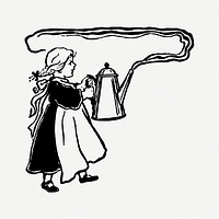 Girl carrying kettle drawing, vintage illustration psd. Free public domain CC0 image.
