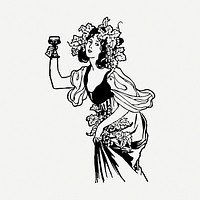 Woman drinking wine drawing, vintage illustration psd. Free public domain CC0 image.