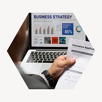 Business strategy badge, risk insurance photo in hexagon shape