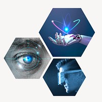Futuristic technology badge, AI, biometrics remixed media photo in hexagon shape