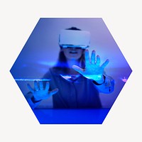 VR technology badge, entertainment remixed media photo in hexagon shape