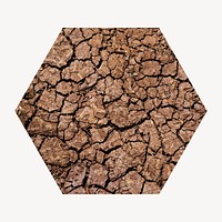 Global warming badge, cracked ground texture photo in hexagon shape