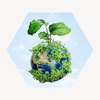 Green earth badge, environment photo in hexagon shape
