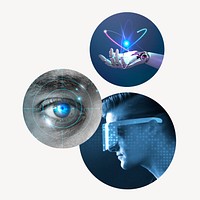 Futuristic technology badge, AI, biometrics remixed media photo in round shape