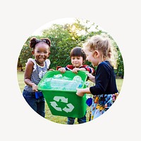 Kids recycling rubbish badge, environment photo in round shape