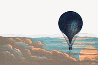 Floating hot air balloon background, ripped paper texture border