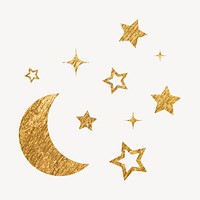 Aesthetic moon clipart, metallic stars in gold vector