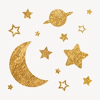 Aesthetic moon sticker, metallic stars in gold psd