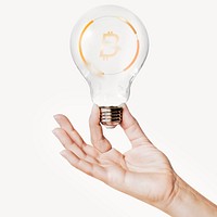 Bitcoin icon, cryptocurrency, finance concept art with hand holding light bulb