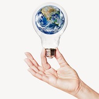 Earth, globe, hand holding light bulb, environment concept art