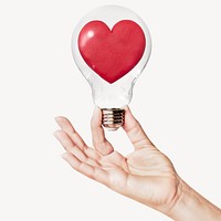 Red heart, love, health, wellness concept art with hand holding light bulb