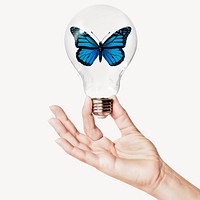 Aesthetic butterfly, environment concept art with hand holding light bulb