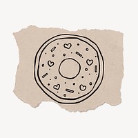 Donut doodle, cute illustration, ripped paper psd