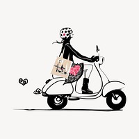 Woman riding scooter clipart, transportation illustration. Free public domain CC0 image.