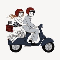 Newlywed riding scooter clipart, transportation illustration. Free public domain CC0 image.