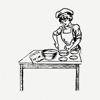 Cooking woman drawing, vintage job illustration psd. Free public domain CC0 image.