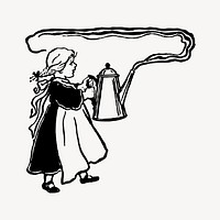 Girl carrying kettle clipart, vintage illustration vector. Free public domain CC0 image.