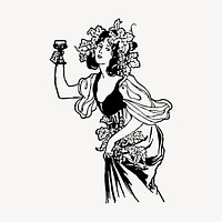 Woman drinking wine clipart, vintage illustration vector. Free public domain CC0 image.