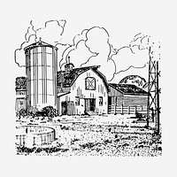 Farm, barn drawing, vintage architecture illustration. Free public domain CC0 image.