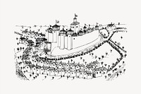 Medieval town clipart, vintage hand drawn vector. Free public domain CC0 image.
