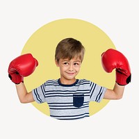 Kid boxer circle shape badge, sport photo