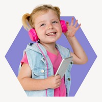 Little girl enjoying music hexagon shape badge, hobby photo