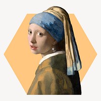 Girl with the Pearl Earrings hexagon shape badge, Johannes Vermeer's famous artwork, remixed by rawpixel