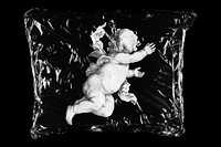 Flying cherub in plastic bag, religious creative concept art