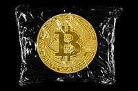 Bitcoin icon in plastic bag, cryptocurrency creative concept art