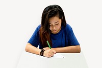 Asian girl writing collage element, education concept psd