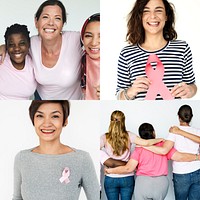 Group of Diverse People with Pink Represent Ribbon Breast Cancer Awareness Studio Collage
