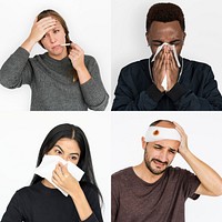 Collection collage of people sick unwell on white background