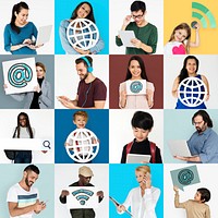 Set of Diversity People with Internet Connection Icons Studio Collage