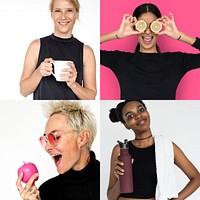 Set of Diversity People with Healthy Living Style Studio Collage