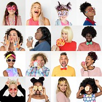 Set of Diversity People Face Expression Lifestyle Studio Collage